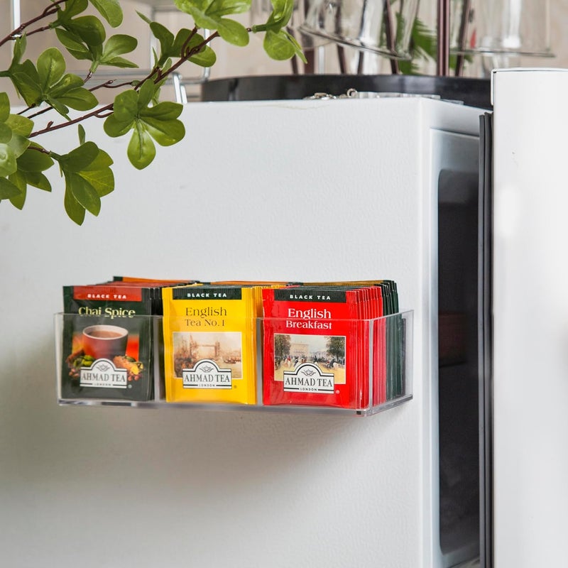 TECKEEN Magnetic Tea Bag Organizer Holds up to 60 Tea Bags, Tea Organizer with 3 Compartments, Extra Strong Magnetic Fridge Tea Box Strong Tea bag Holder for Refrigerator (Acrylic, Magnet) - Image 1
